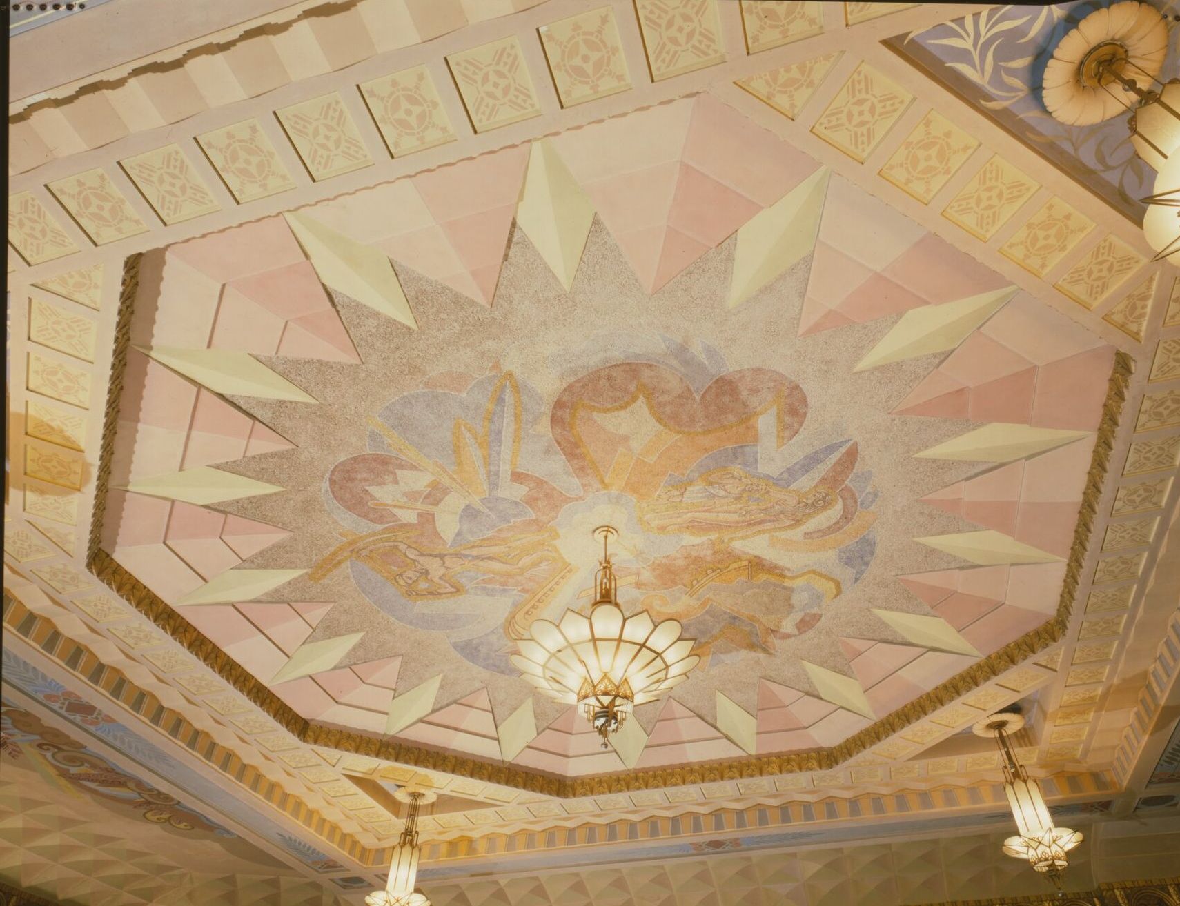 Painted octagonal ceiling of the Washoe Theater with a crystal chandelier